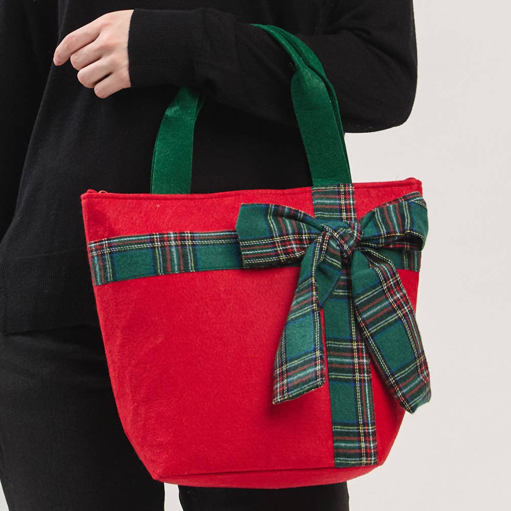 JOIA ACCESSORIES - Wholesale Tote Bag - Women's - CHRISTMAS GREEN TOTE BAG WITH RED PLAID BOW, MB 032114