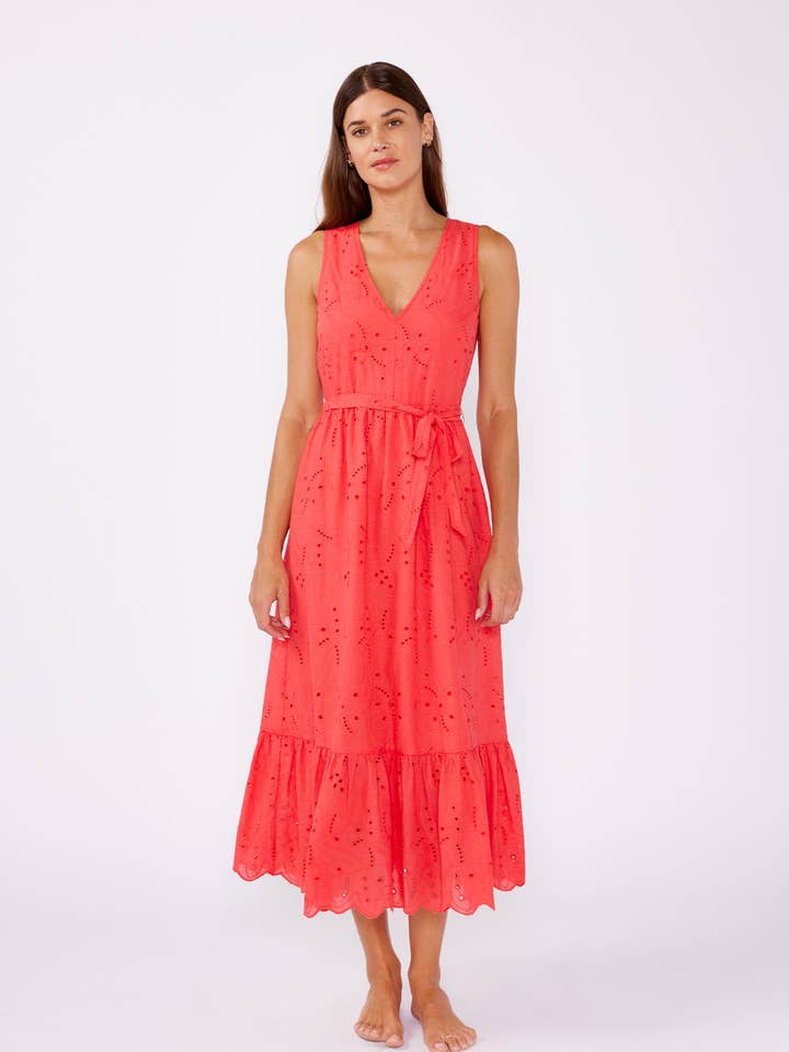 V-Neck Eyelet Midi Dress with Waist Belt for wholesale by Lovestitch