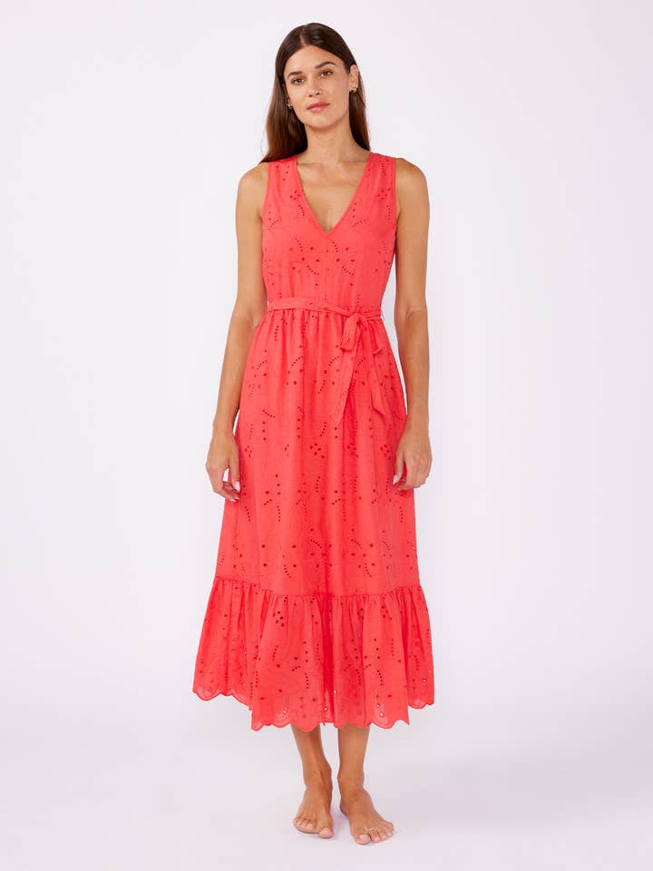 V-Neck Eyelet Midi Dress with Waist Belt for wholesale by Lovestitch