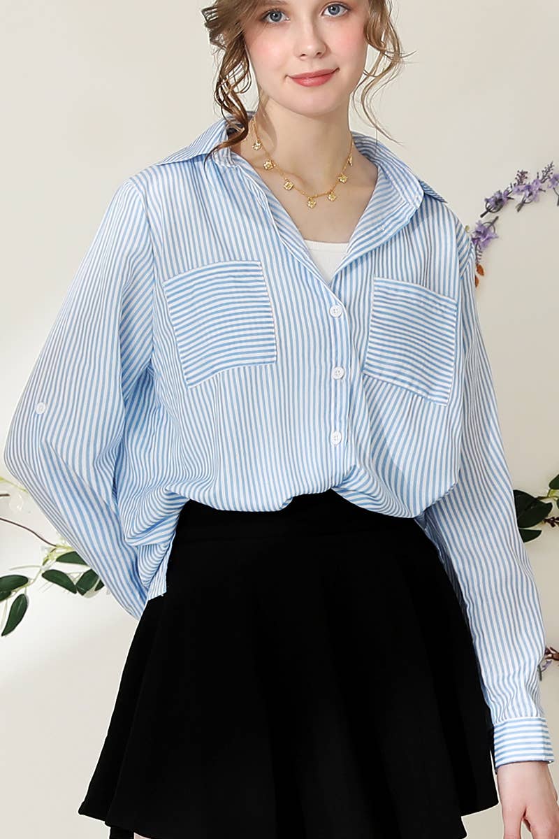 NINEXIS - Wholesale Button Down Shirt - Women's - CWTSTL716_Striped Button Down Long Sleeve Collared Shirts7