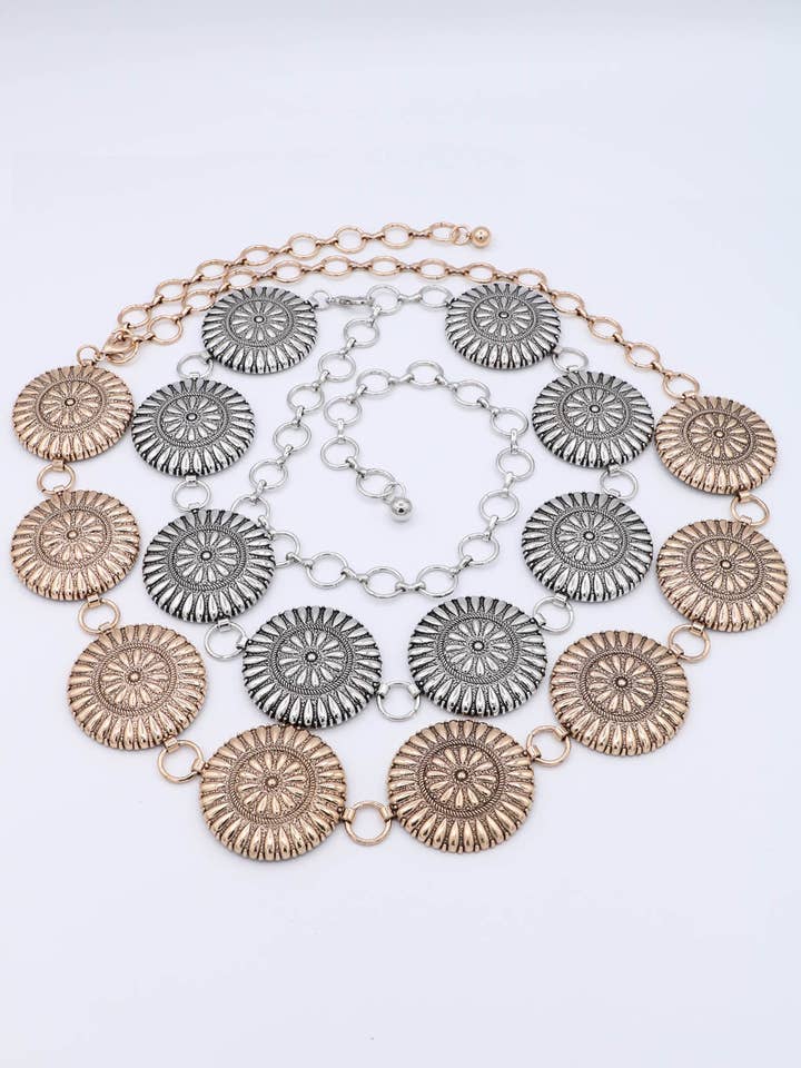 Boho Western Teardrop & Circle Concho Chain Belt for wholesale by Mint & Shine