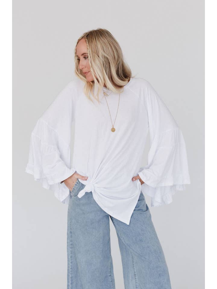 Three Bird Nest - Wholesale Tunic - Women's - Bell Sleeve Baseball Tee - White1