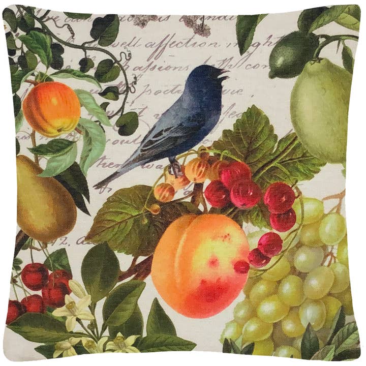 Blue Bird & Fruit Throw Pillow Cover for wholesale by Golden Hill Studio