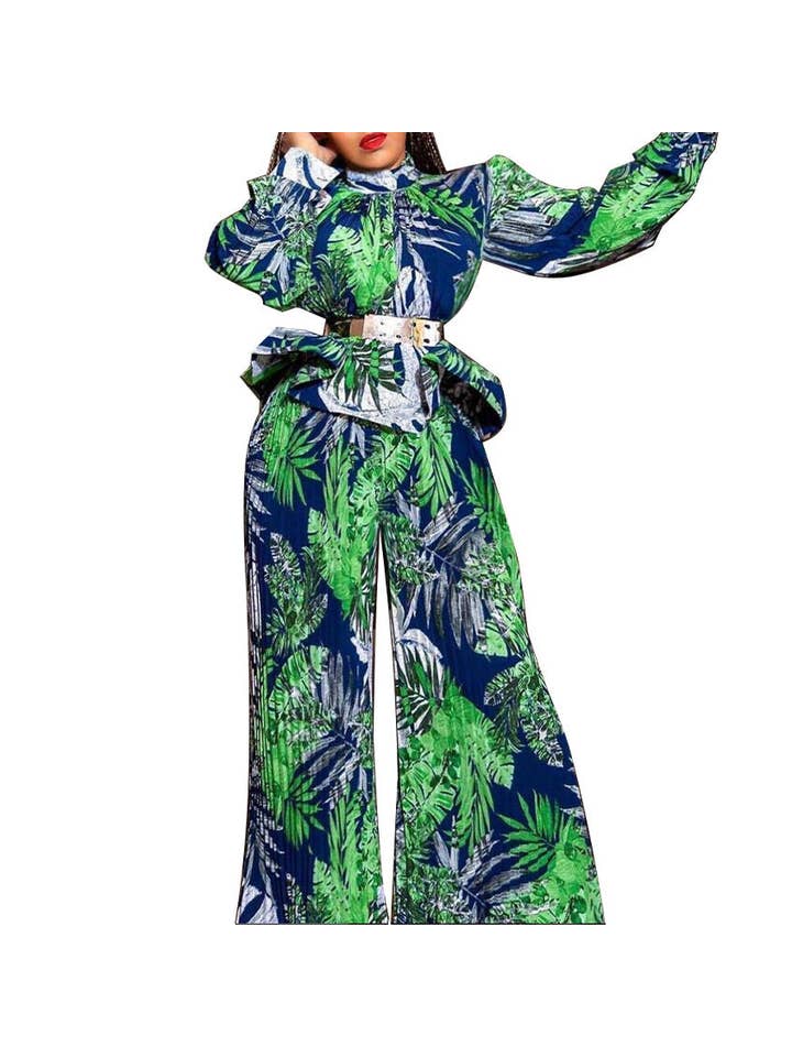 pinkblu02 - Wholesale Top & Pant Set (NOT Loungewear) - Women's - Lantern Long Sleeve Wide Leg Pants Casual Printed Two-Piece Set