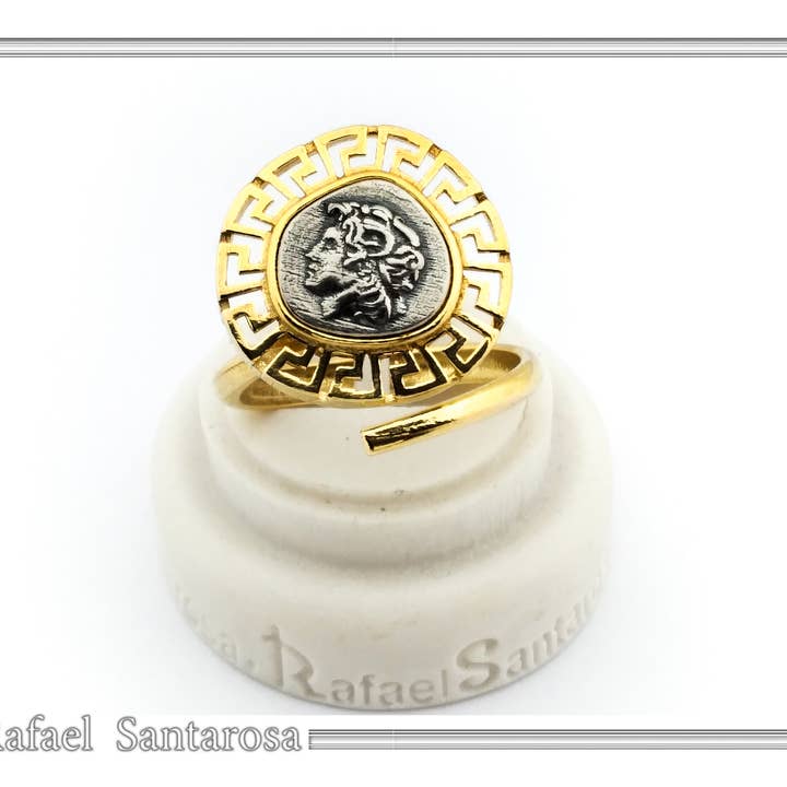 RAFAEL SANTAROSA - Venta al por mayor Anillos grandes/de cóctel - Anillo ajustable de Alejandro Magno, moneda griega sobre plata3