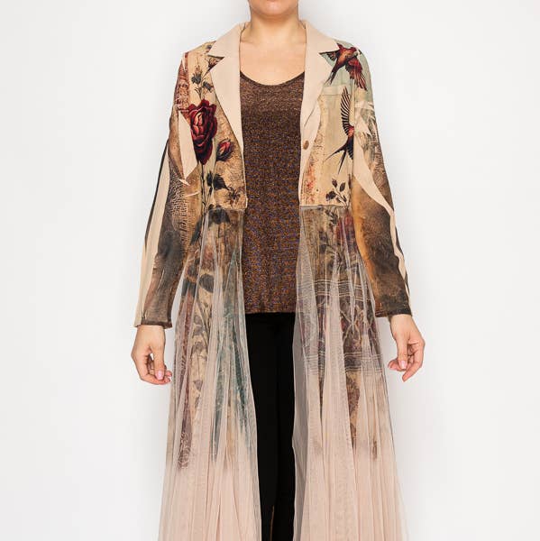 Chic Contrast Longline Blazer Jacket With Mesh Tulle Panel - 4773TP VINT BIRD for wholesale by Origami Apparel ~ Lace and Crochet inspired