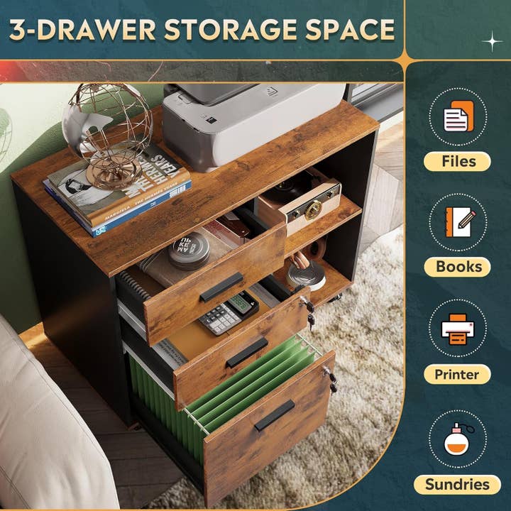 3-Drawer Wood File Cabinet with Lock, Mobile Lateral Filing Cabinet, Printer Stand with Open Storage Shelves for Home Office, Rustic Brown for wholesale on Faire