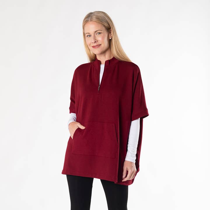 Lindsey Half-Zip Bamboo Poncho - Cranberry for wholesale by Terrera