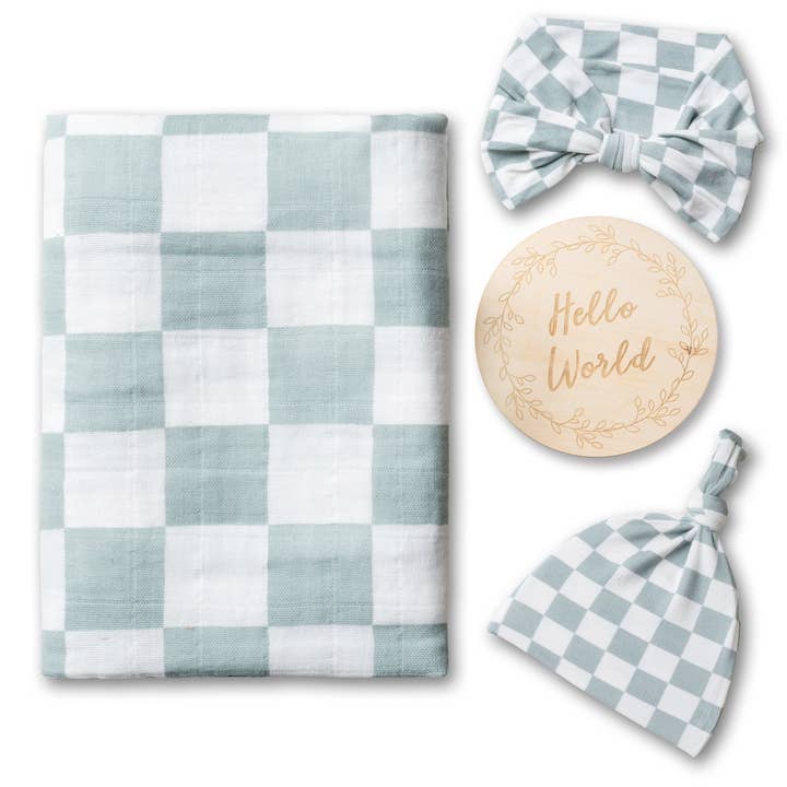 Miaoberry – wholesale Swaddleset - Baby – Ekologiskt muslinsvepset med matchande mössa och rosett, salviarutigt