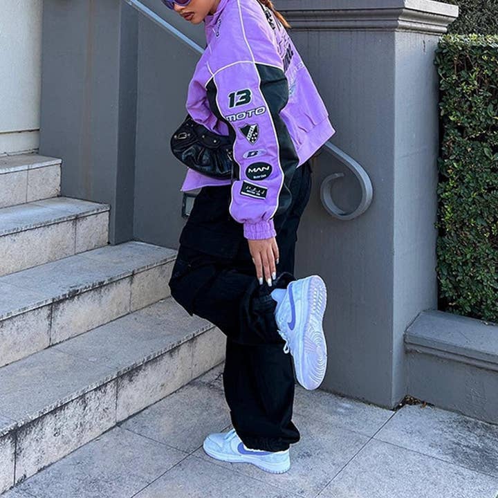 Purple Floral Zip-Up Casual Loose-Fit Long-Sleeve Jacket for wholesale on Faire