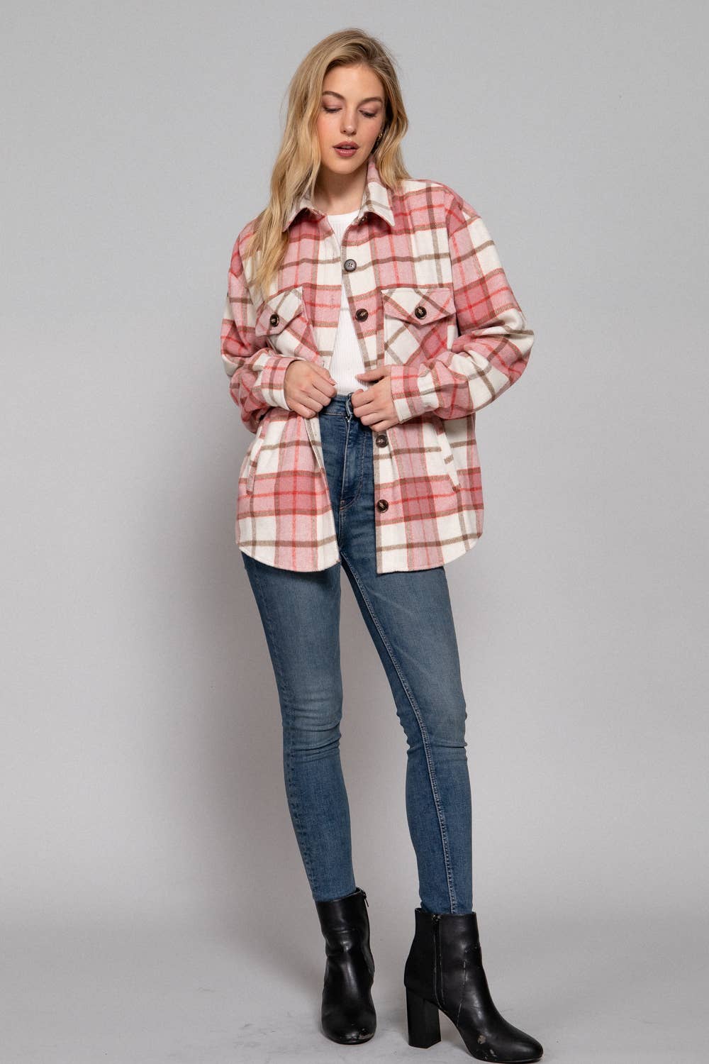 Active Basic | Active USA - Wholesale Shirt Jacket/Shacket - Women's - Long Sleeve Wool Blend Plaid Button Down Casual Jacket 4