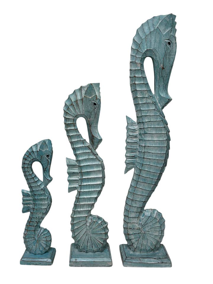 Lg Set 3 Seahorses Standing Teal Sculpture Statue Ocean Art for wholesale by White Elephant