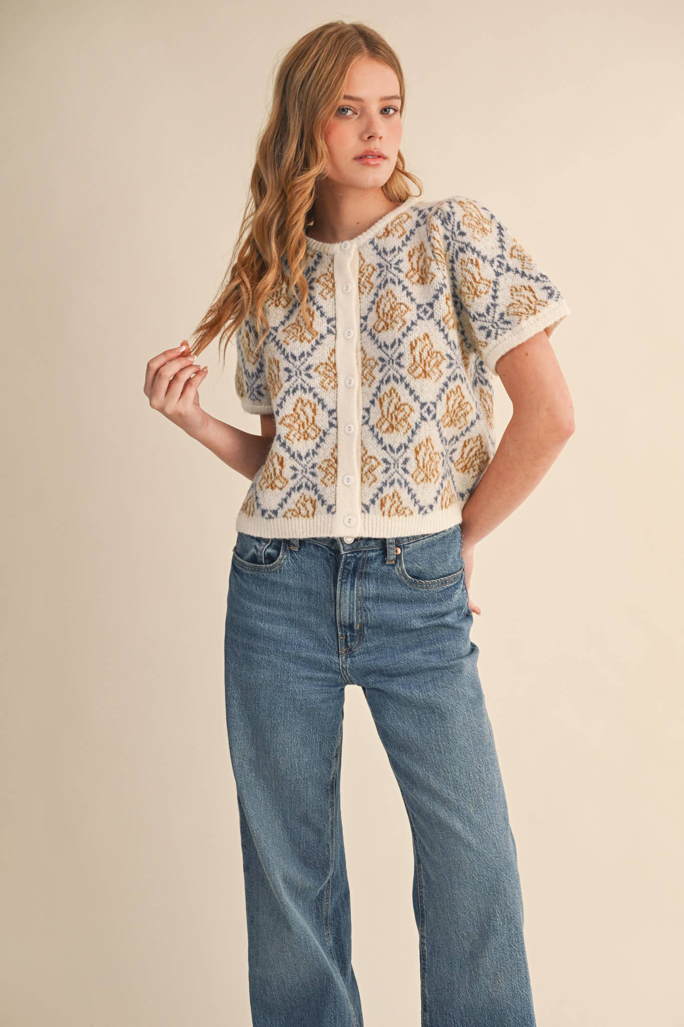 &MERCI - Wholesale Cardigan - Women's - FLORAL SHORT SLEEVE SWEATER CARDIGAN MSW1125821