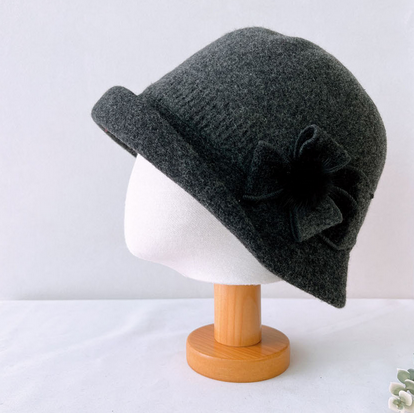 Comfortarians – wholesale Bucket hat – Women's – Women's Winter Bungee Bucket Hat Stitched Wool Flower Angora2