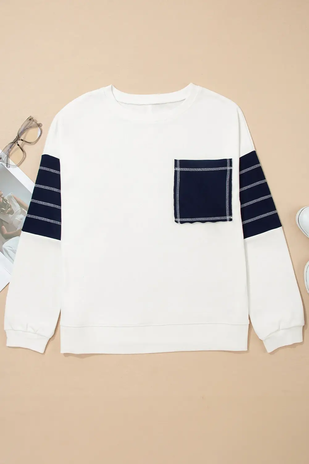 White Exposed Seam Detail Color Block Patch Pocket Sweatshirt for wholesale on Faire2