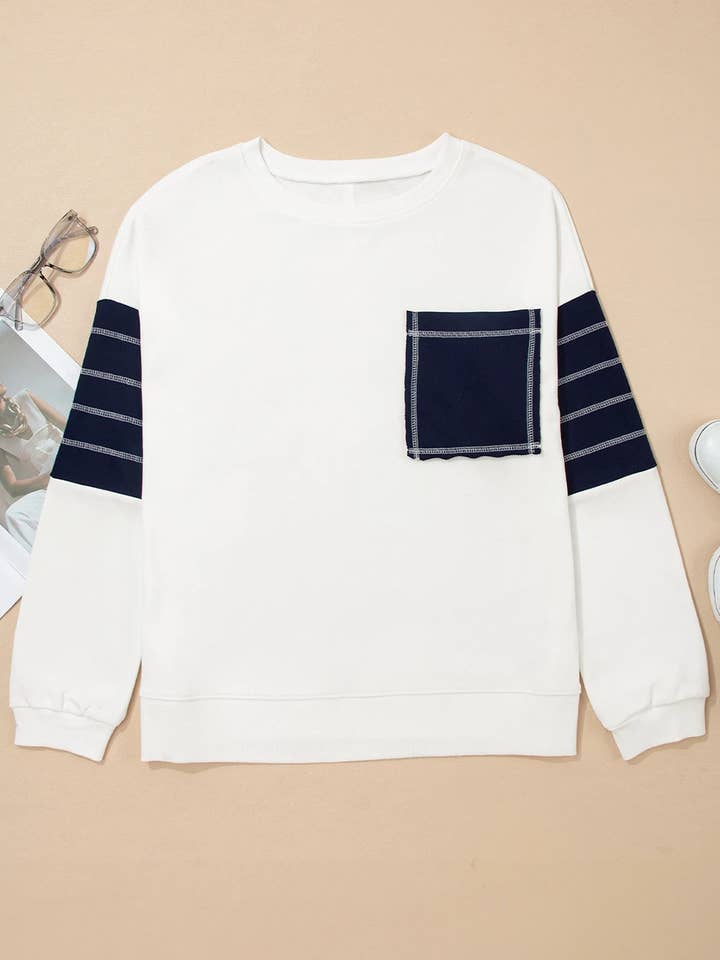 White Exposed Seam Detail Color Block Patch Pocket Sweatshirt for wholesale on Faire2