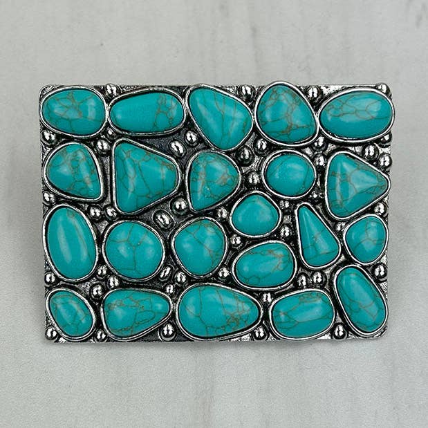 Boucle de ceinture rectangulaire en métal argenté avec pierre turquoise bleue pour la vente par Western Elite Jewelry