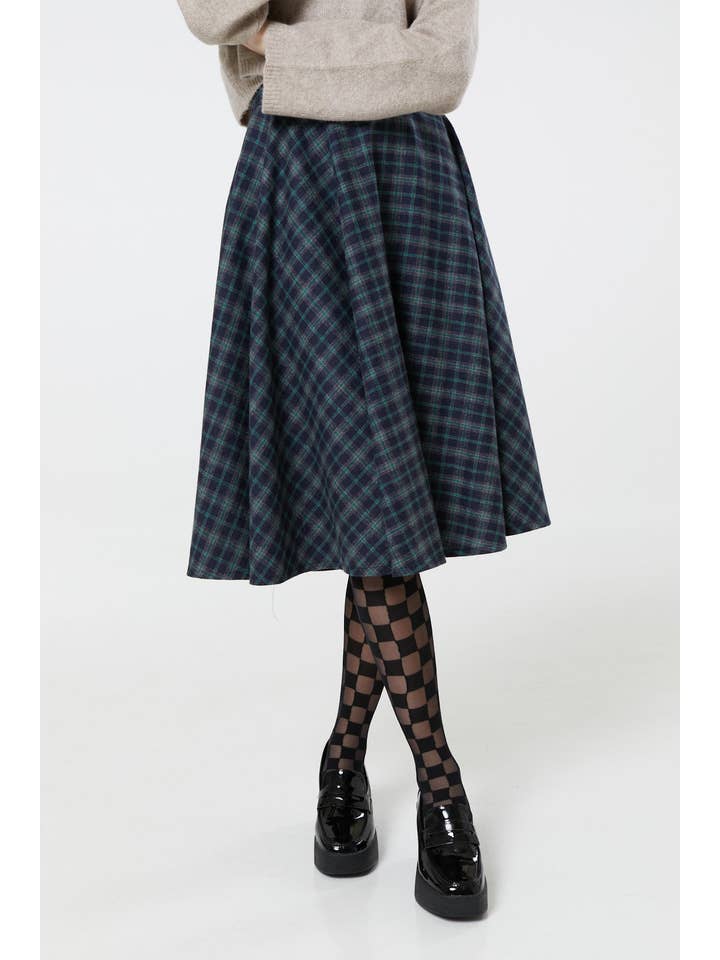 Timeless London - Wholesale Skirt - Women's - Sophie Blue Ink Woollen Check Tartan Midi Swing Skirt