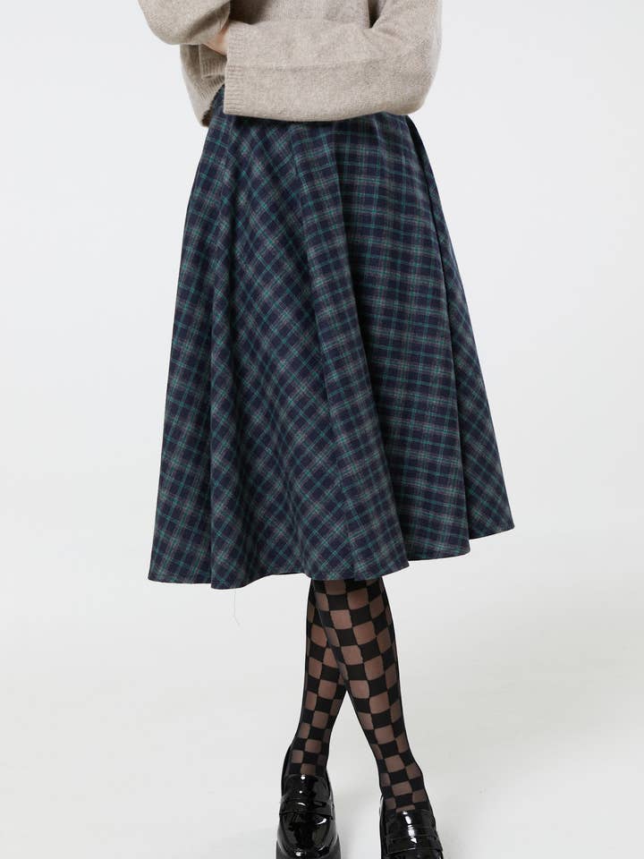 Timeless London - Wholesale Skirt – Women’s - Sophie Blue Ink Woollen Check Tartan Midi Swing Skirt5
