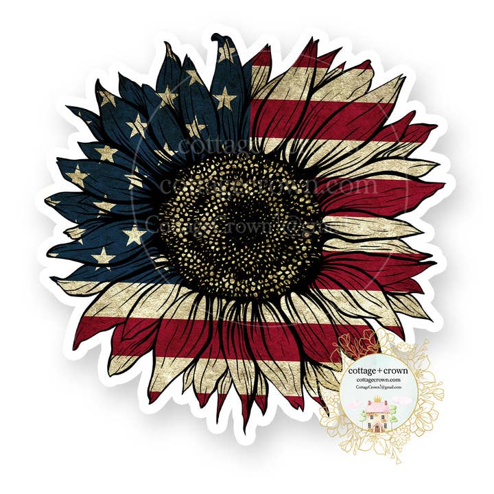 cottage + crown - Wholesale Sticker - American Flag Sunflower USA Patriotic Vinyl Decal Sticker