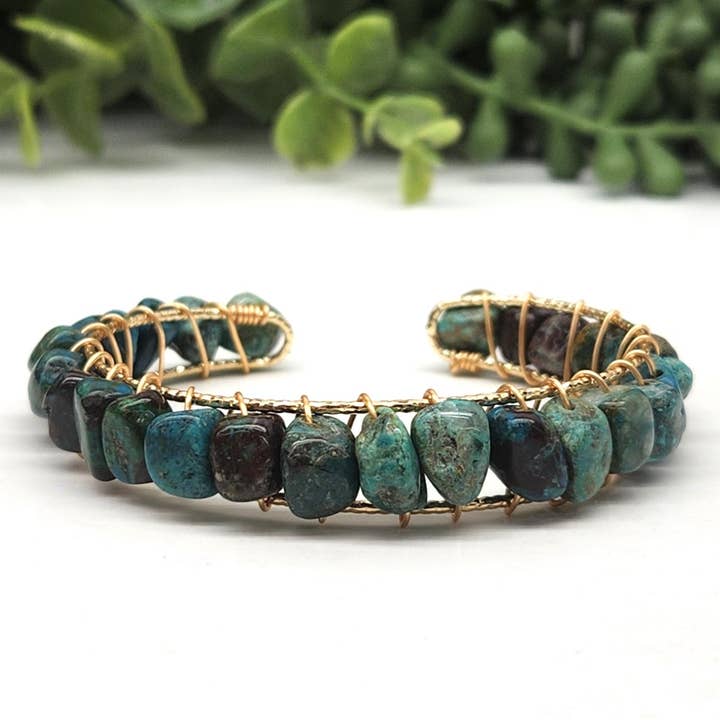 Chrysocolla Bangle/Cuff/Wire Wrapped-18kt.YellowGold Overlay for wholesale by Meraki Gemstones