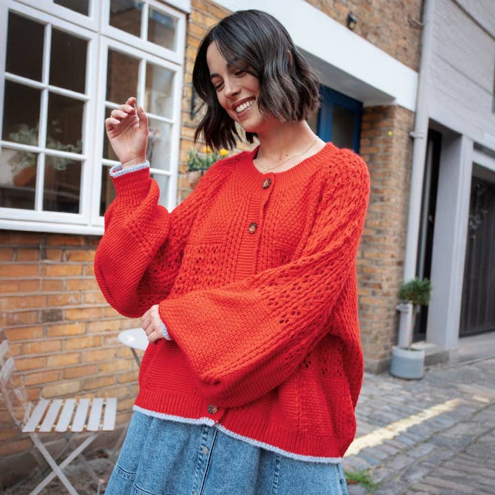 Cara & The Sky - Wholesale Cardigan - Women's - Brigit Pointelle Stitch Balloon Sleeve Cardigan - Orange