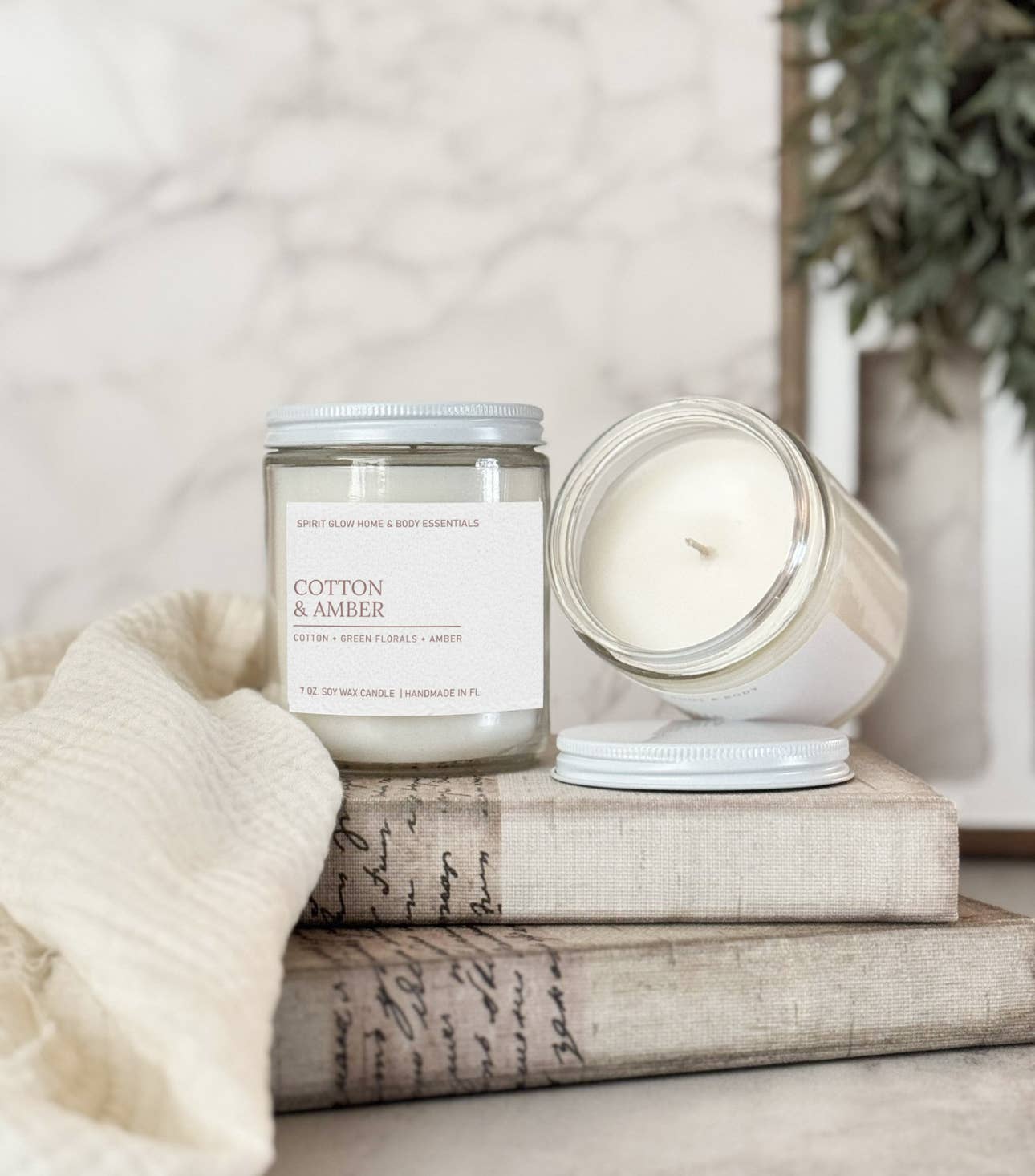 Spirit Glow Home & Body Essentials - Wholesale Jar/Filled Candle - Cotton & Amber 7oz. Soy Wax Candle1