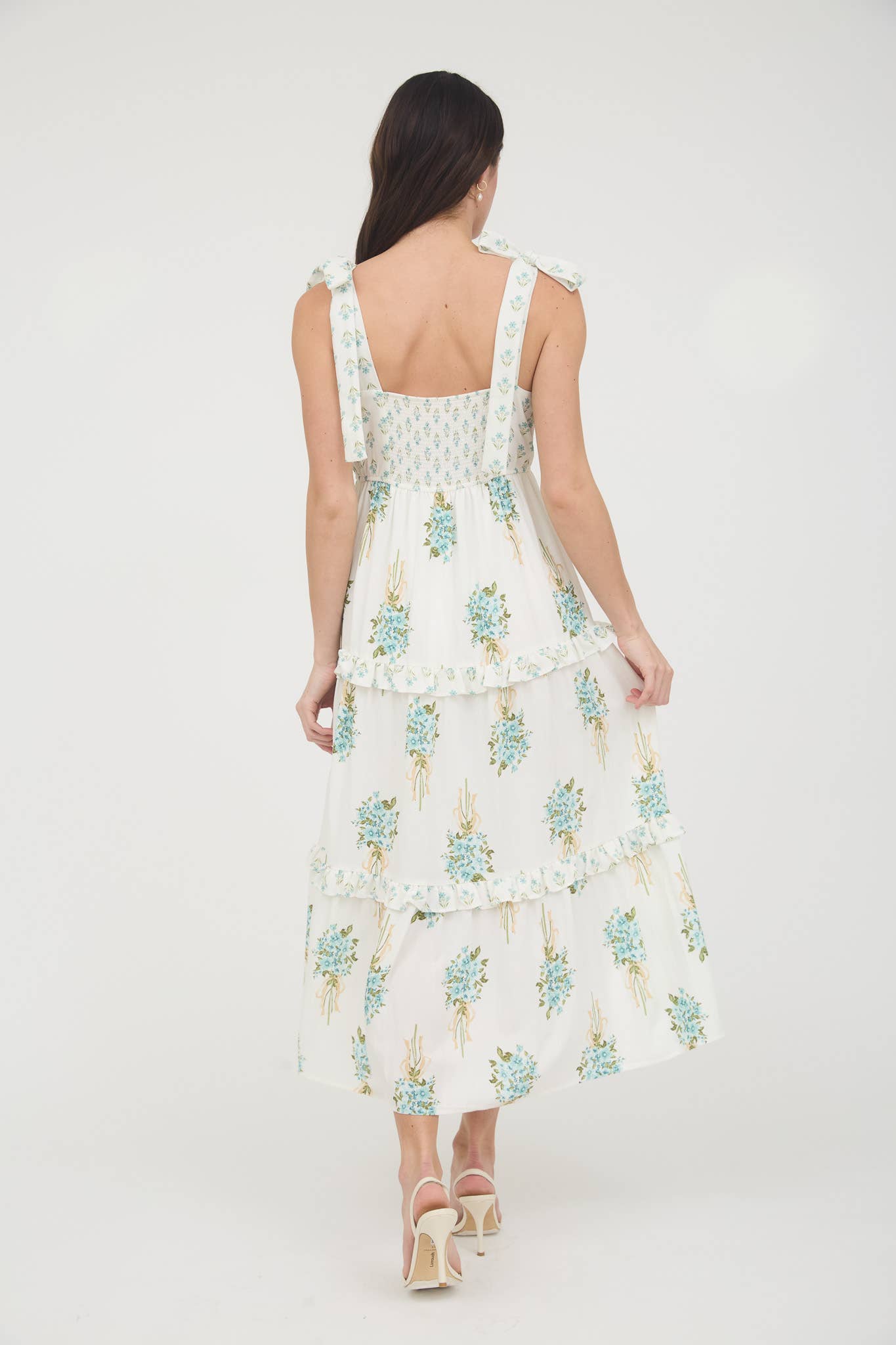 MINE – Vestido - Mulher por atacado – VESTIDO IMPÉRIO COM ESTAMPADO DE RAMALHETE FLORAL E ALÇAS DE ATAR EM CAMADAS7