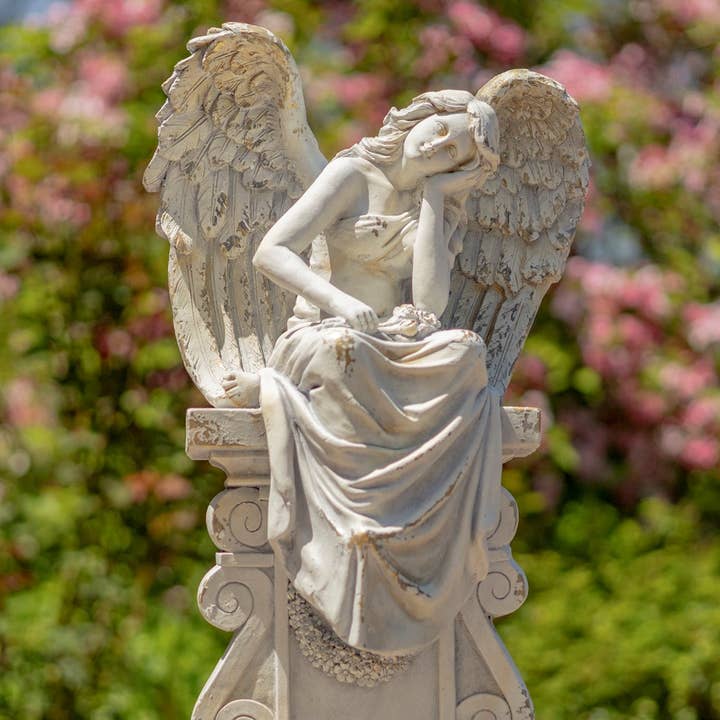 Zaer Ltd. International - Wholesale Outdoor Ornament/Decor - 30.7" T MGO Angel Statue Sitting on Pillar- 2 Options