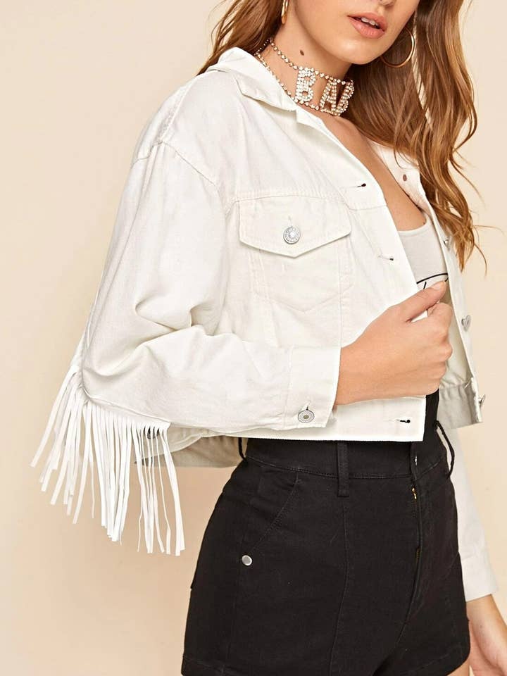 Fringe Denim Jacket Women White Jacket for wholesale on Faire3