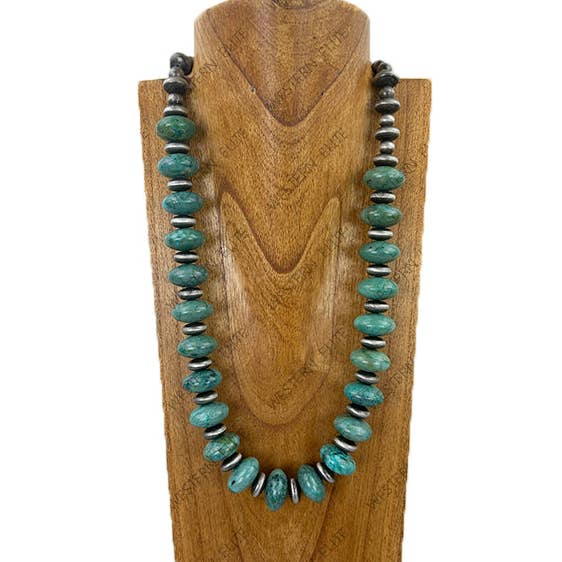 NKY251231-61 27'' Silver roundel Navajo pearl with green turquoise stone beads Necklace for wholesale by Western Elite Jewelry