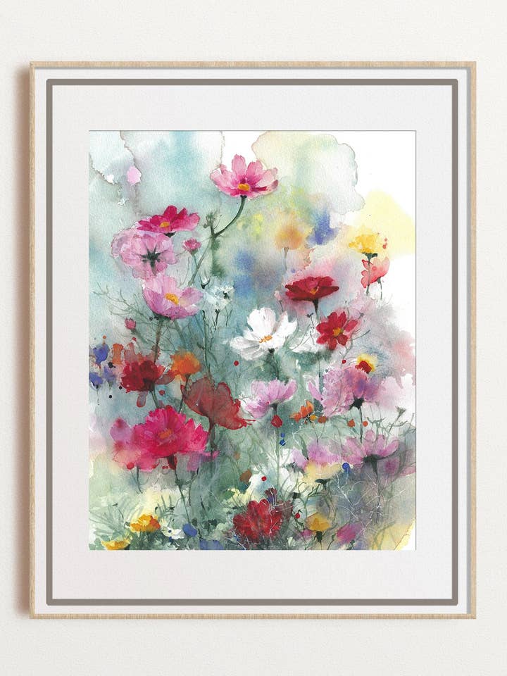 Cosmos Flowers Watercolor Art, Nursery & Farmhouse Decor for wholesale by Yuliasheart