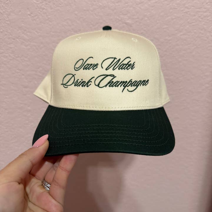 Save Water Drink Champagne Embroidered Canvas Trucker Hat for wholesale by EMBROIDERY BABE DESIGN CO