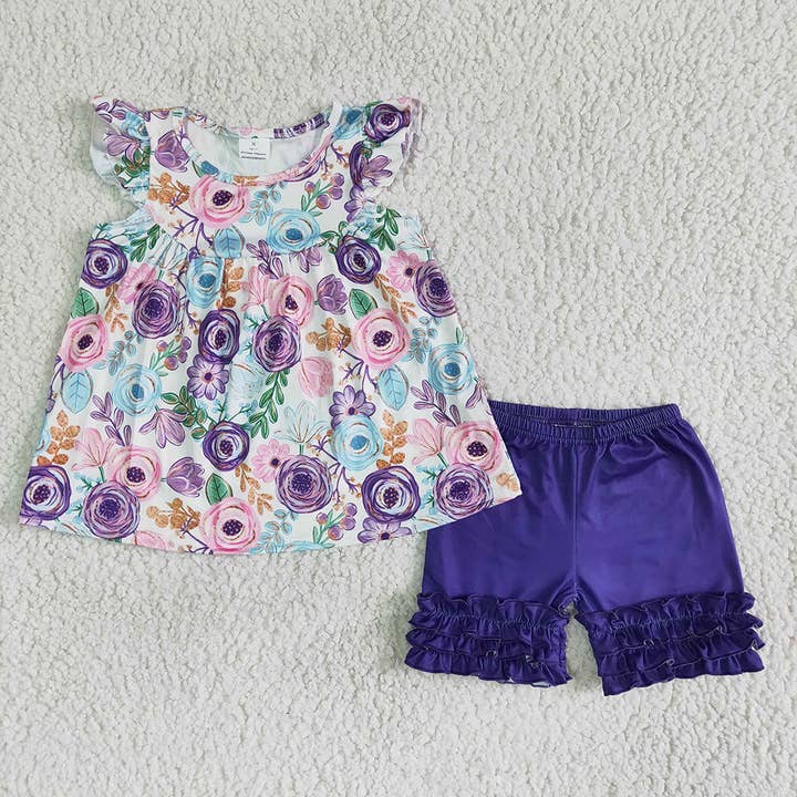 Baby girls summer flutter sleeve purple floral tunic icing s for wholesale by Aier Wholesale