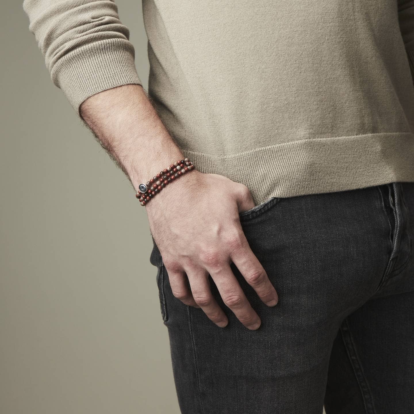 Bhoma - Mens Designer Jewelry - Wholesale Beaded Bracelet - Mens Red Jasper Beaded Wrap Bracelet with Sterling Silver Bead3