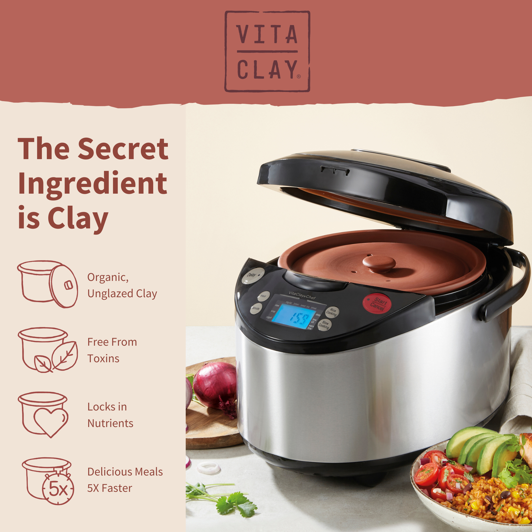 VitaClay - Wholesale Kitchen Appliance - VITACLAY 7-IN-1 SMART ORGANIC MULTI-COOKER VM7900 - A RICE COOKER, A SLOW COOKER, A DIGITAL STEAMER, PLUS A BONUS YOGURT MAKER7