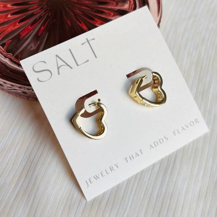 CRYSTAL HEART HOOPS |18k gold | clasp heart huggie hoop for wholesale by SALT by Sarah Curtis