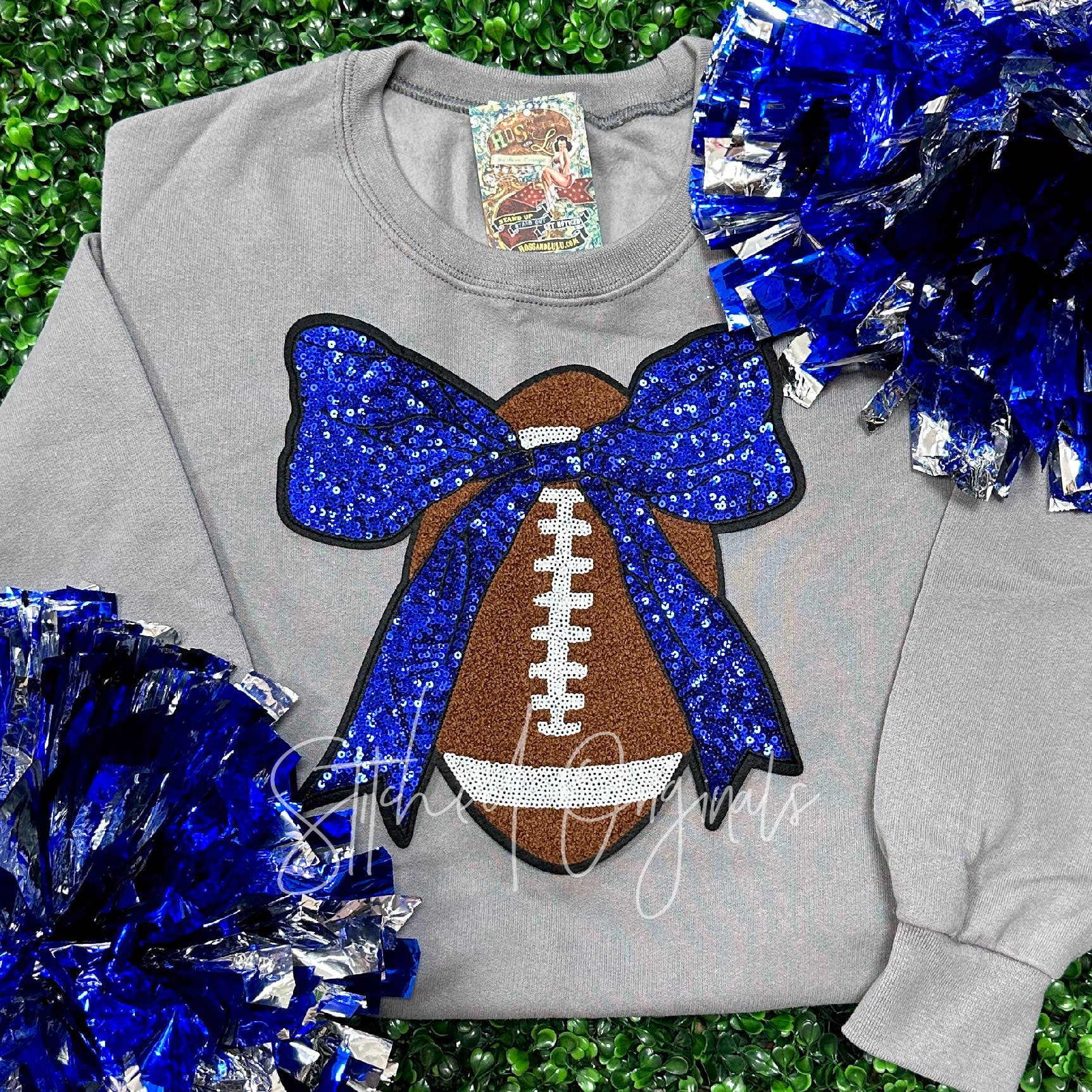Stitched Originals - Wholesale Patch - Football with BLUE sequin Bow Patch, Custom 10” Football  1