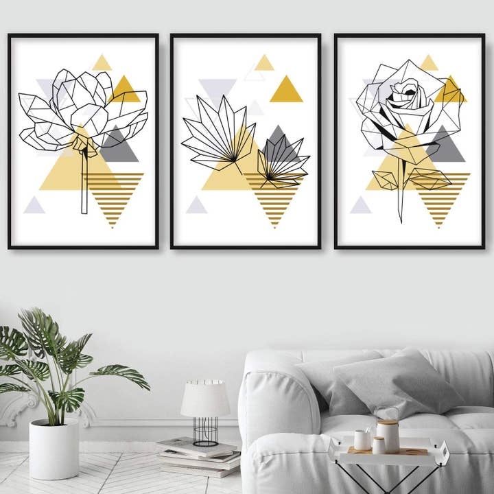 Set di 3 stampe geometriche di arte botanica floreale con foglie di peonia gialla e grigia per la vendita all'ingrosso da parte di Artze Wall Art