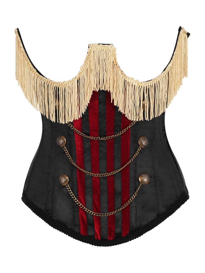 Daisy Corsets – wholesale Kjol - Dam – Topplåda Burlesque Underbyst Svart/Mörkröd Stålbenad Korsett med Guldfransar