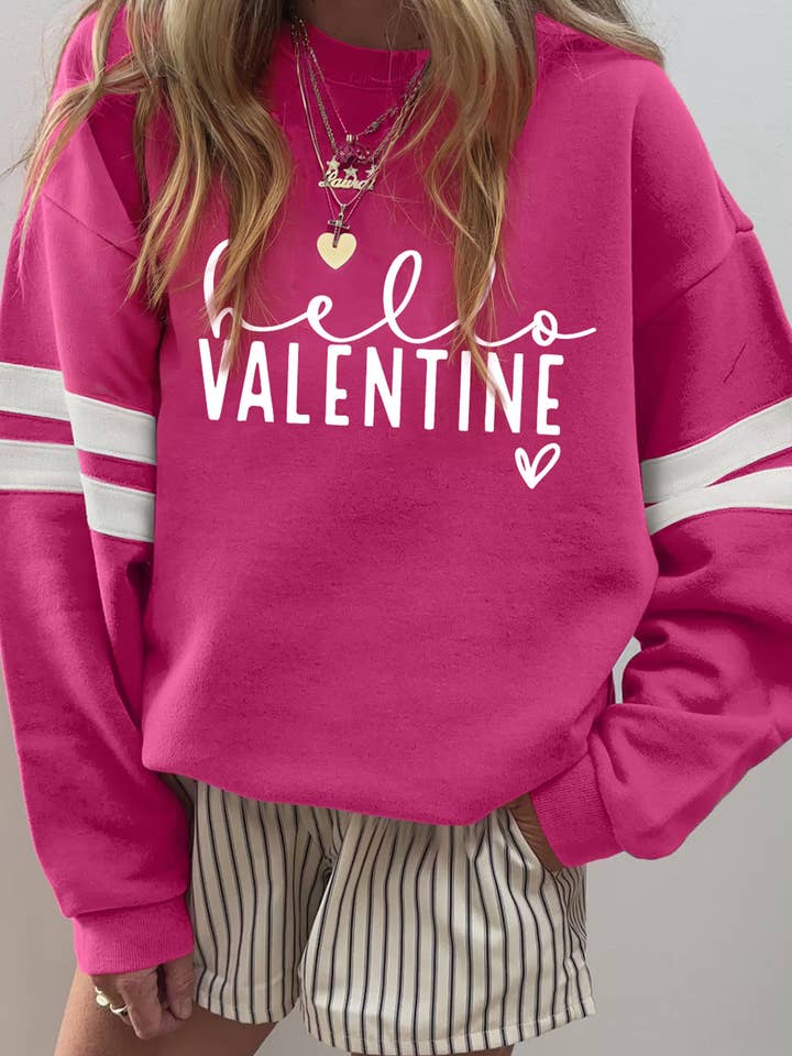 Hello Valentine Varsity Striped Sleeve Sweatshirt (S-XL) for wholesale by 66DISCO