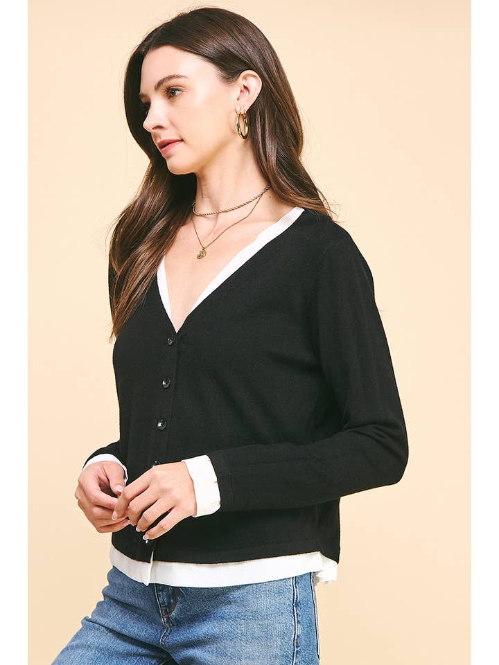 PINCH - Wholesale Knit Top - Women's - V-NECK WOVEN COMBO CARDIGAN TOP - 5831W8