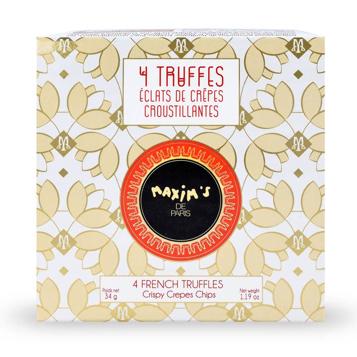 Box of 4 truffles with lace pancake chips for wholesale by Maxim's