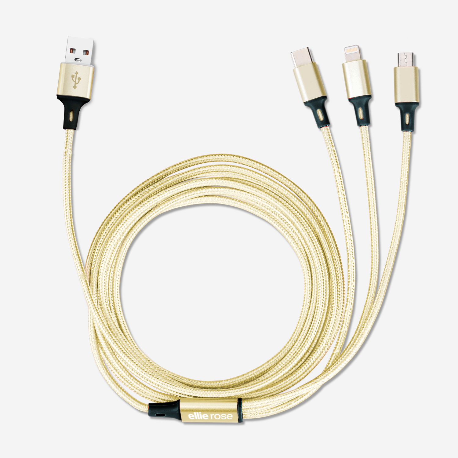 Ellie Rose - Wholesale Charging Cable - 3-in-1 Charging Cable 10 Ft Nylon - Gold (USB A)1