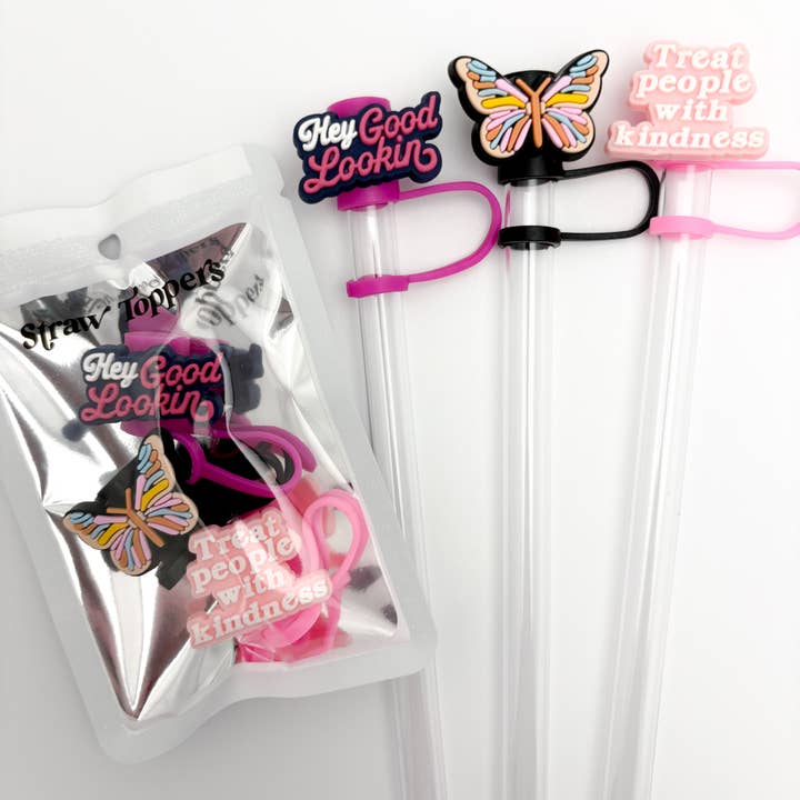 Straw Topper 3 pack - Kindness, Hey Good Lookin, Butterfly for wholesale by Vroom Blooms