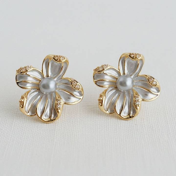 Enamel Pearl Zircon Stud Earrings for wholesale by Ellemadera