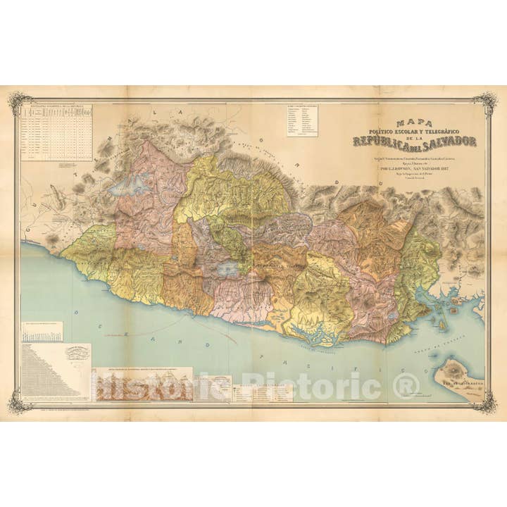 Mapa histórico - Mapa de El Salvador, 1887, Guillermo J. Dawson para venta al por mayor de Historic Pictoric