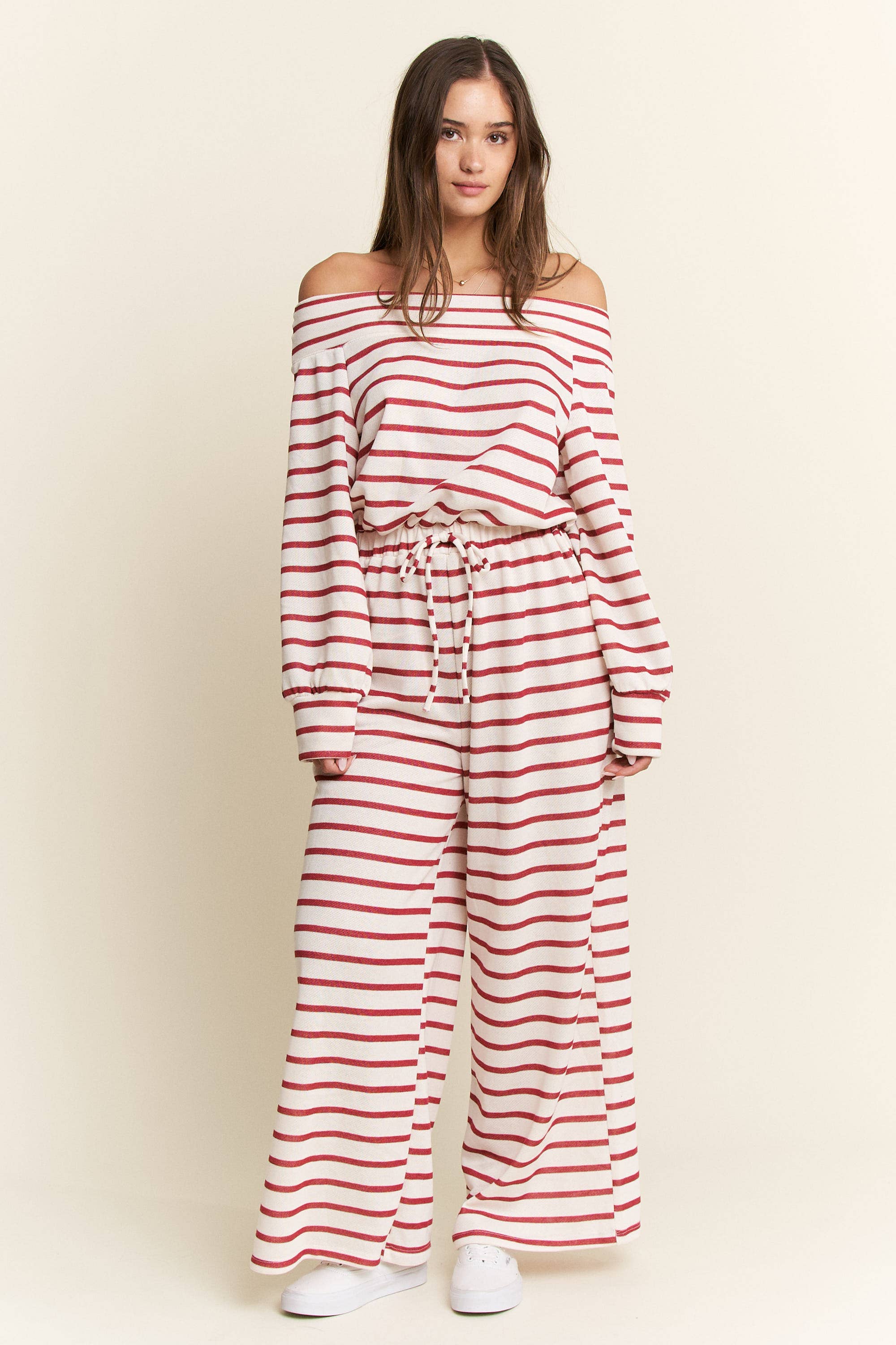 JADE BY JANE PLUS - Wholesale Jumpsuit - Women's - (PLUS SIZE) OFF-SHOULDER STRIPED TERRY JUMPSUIT52