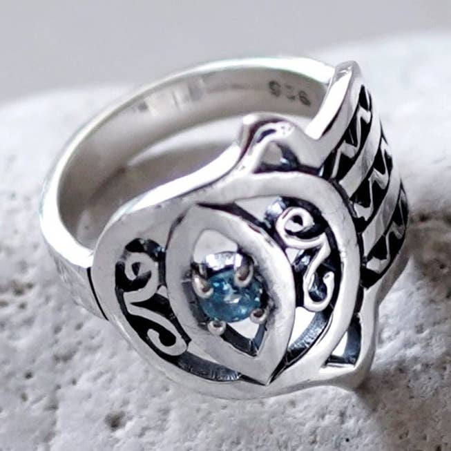 Blue Topaz Hamsa Ring for wholesale by Aquani
