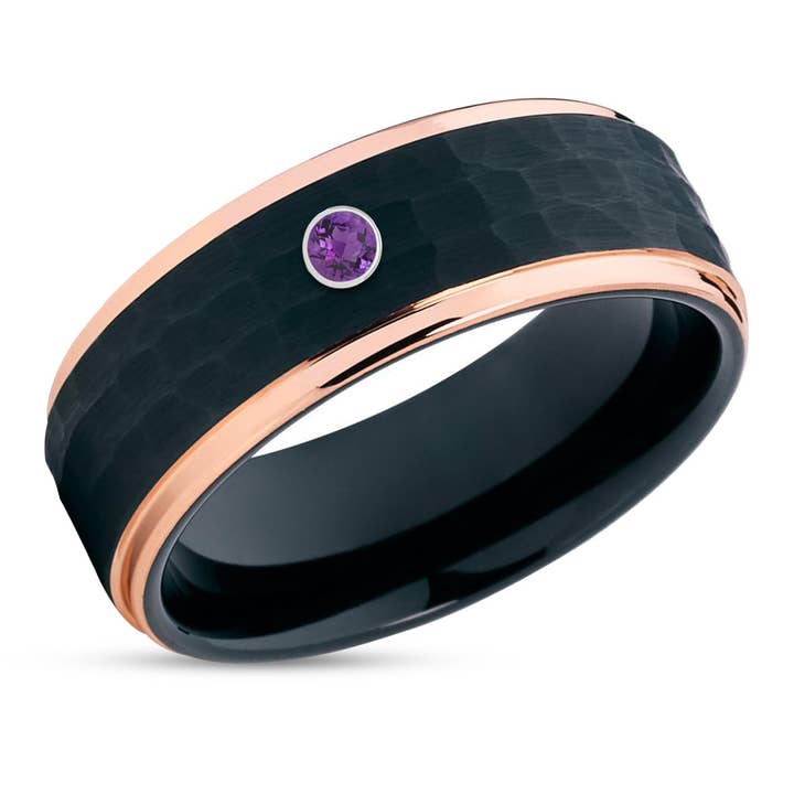 Anel de Casamento Ametista - Anel de Tungstênio Preto - Aliança de Casamento em Ouro Rosa - Aliança de Casamento por atacado de Lucky Love Rings